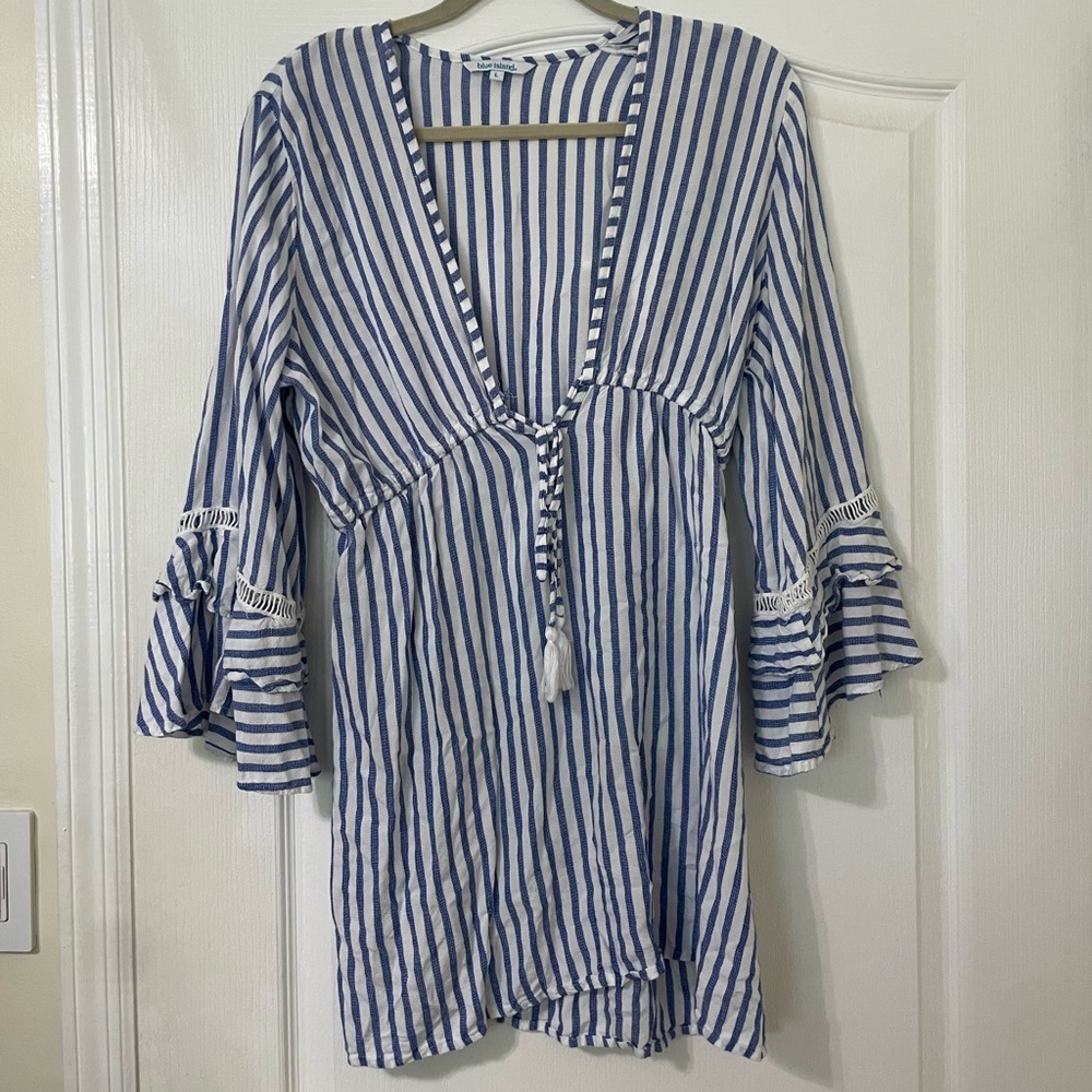 blue island Blue & White Striped V-Neck Tunic with Tassel